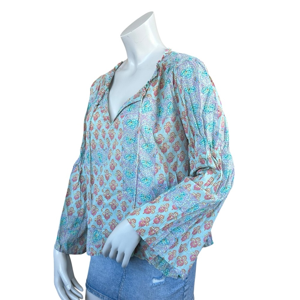 Anthropologie Lilka Pastel Blue Pink Boho Tapestry Floral Peasant Blouse Large - Picture 6 of 8